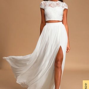 •Lulu’s Sweet Stunner White Lace Two-Piece Maxi Dress•